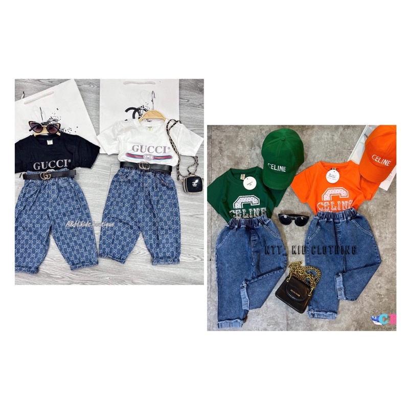 Set Quần Jean Lưng Cao Baggy Phối Áo thun Phong Cách Hàn Quốc Dành Cho Bé Gái 💝Tặng Mũ💝