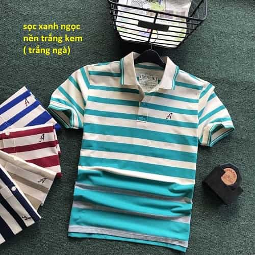 Áo thun nam sọc xanh đen nền trắng kem