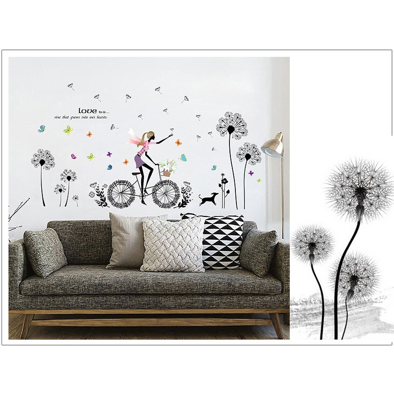 Decal dán tường Cô gái và hoa bồ công anh đen AmyShop DKN109 (93 x 170 cm)