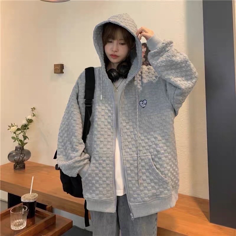 [100% Ảnh thật] Áo khoác hoodie khoá kéo thêu hình tim, ô đan vuông phong cách popcorn Hàn Quốc