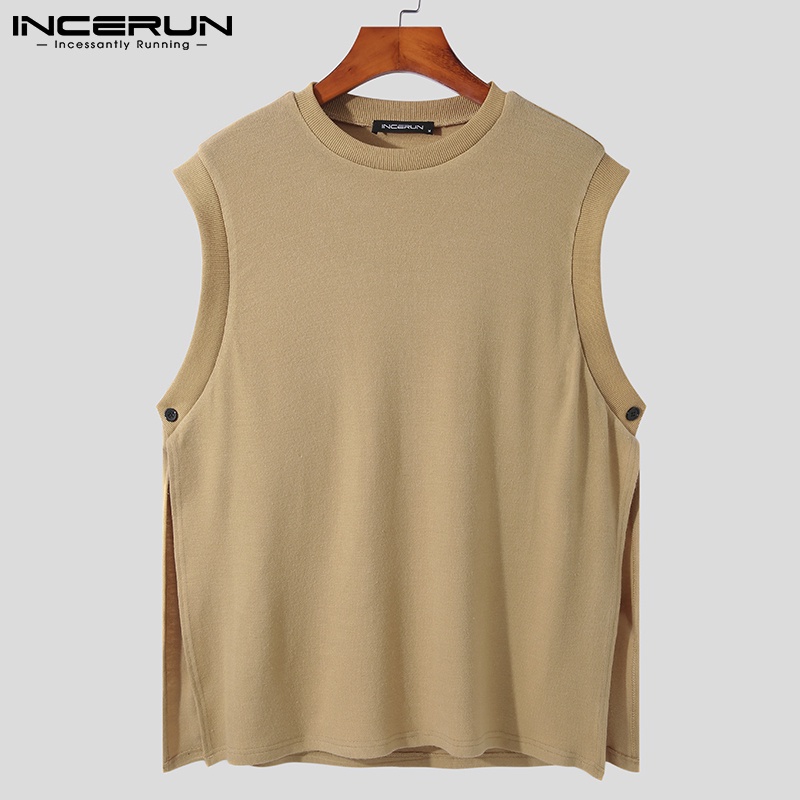 Áo Sweater INCERUN cổ tròn không tay thời trang xuân thu xẻ tà hai bên thời trang dành cho nam