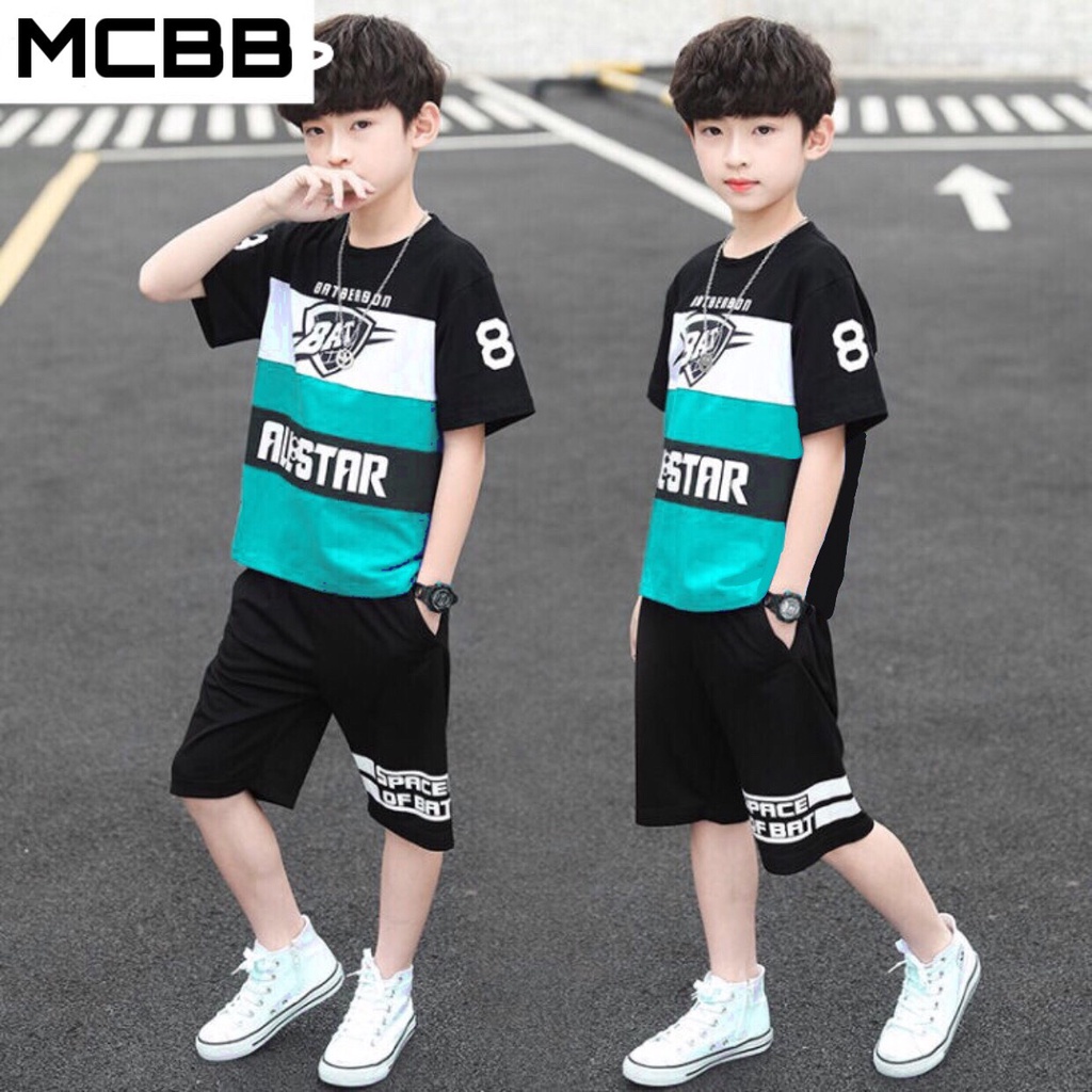 MCBB - 24-45 Kg 100% Vải Cotton Đồ Bộ Bé Trai Áo Thun Bé Trai Tay Ngắn Quần Short Nam Đùi Phông Quần Áo Bé Trai Trẻ Em