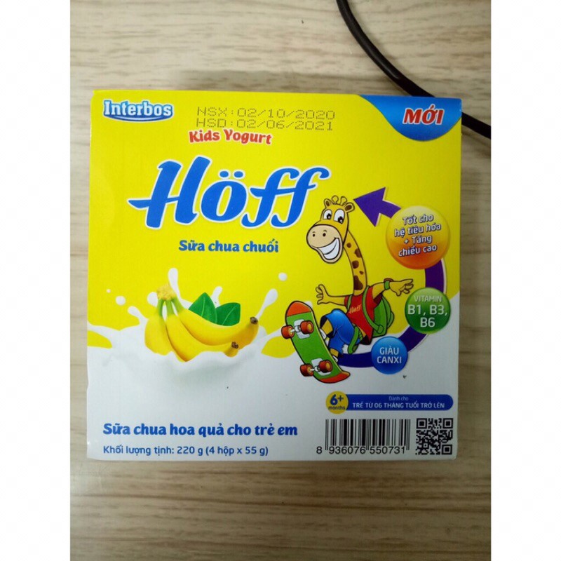 Sữa Chua dinh dưỡng Hoff cho bé vỉ 4 hộp x 55g các vị Dâu/Chuối/Táo/Trắng/Lên men/Pho Mai (Date T7/21)