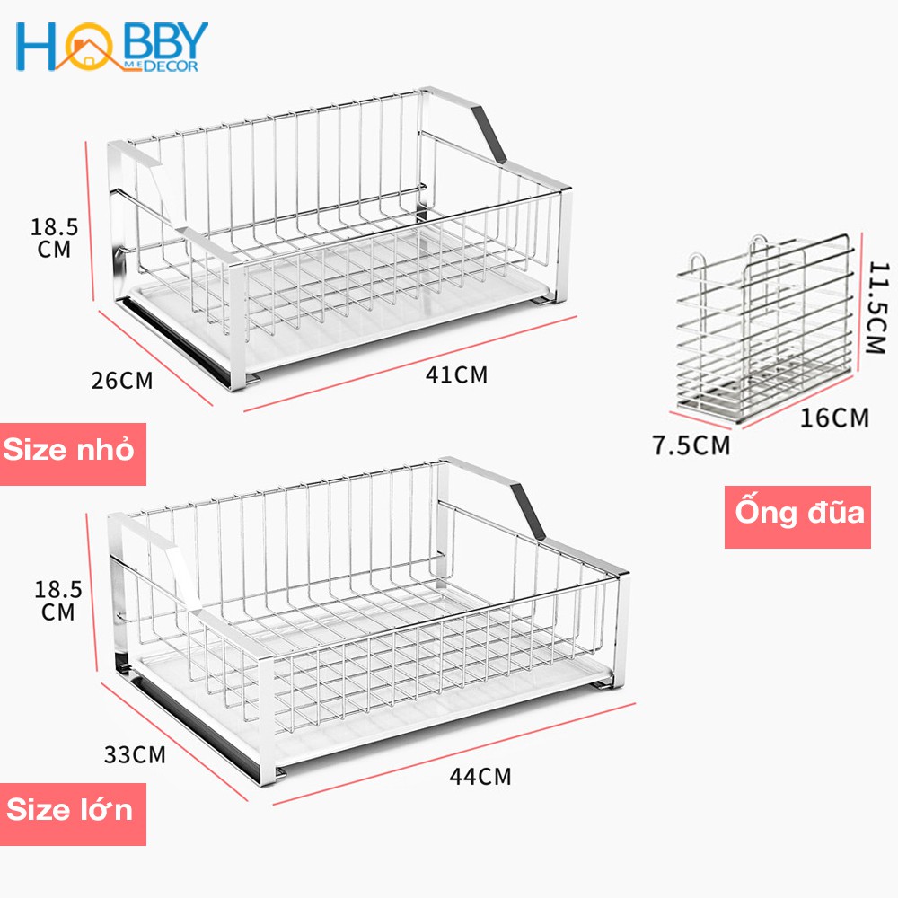 Kệ chén cao cấp Inox 304 HOBBY Home Decor KC2 kèm ống đũa và khay nhựa hứng nước - 2 size tùy chọn