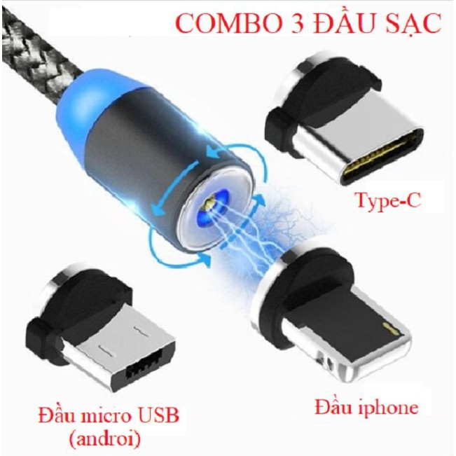 Cáp Sạc Nam Châm Hỗ Trợ Sạc Nhanh- 3 Đầu Sạc Lightning, Micro USB, Typ - Độ Dài 1 Mét, Tròn Xoay 360 Độ - Bọc Dù Cao Cấp