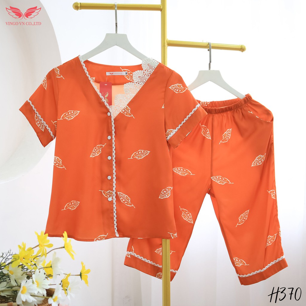 VINGO Bộ Pijama Mặc Nhà Nữ Lụa Pháp Cao Cấp Phối Viền Ren Tay Cộc Quần Lửng Họa Tiết Lá Tinh Tế H370 VNGO - TCQL