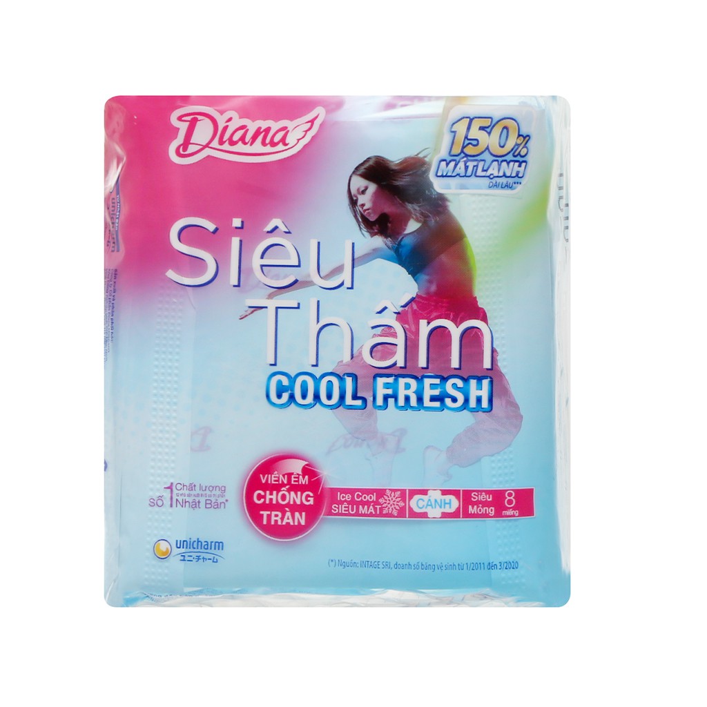 Băng vệ sinh Diana siêu thấm Cool Fresh có cánh 8 miếng (dạng lưới)