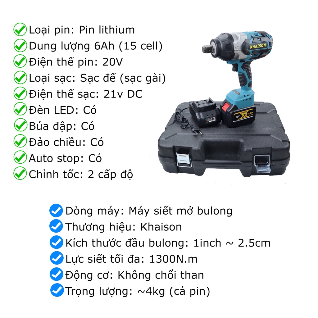 Máy siết mở bulong KHAISON công suất lớn 1300N.m đầu 3/4 inch pin 15 cell 6Ah mở ốc xe tải