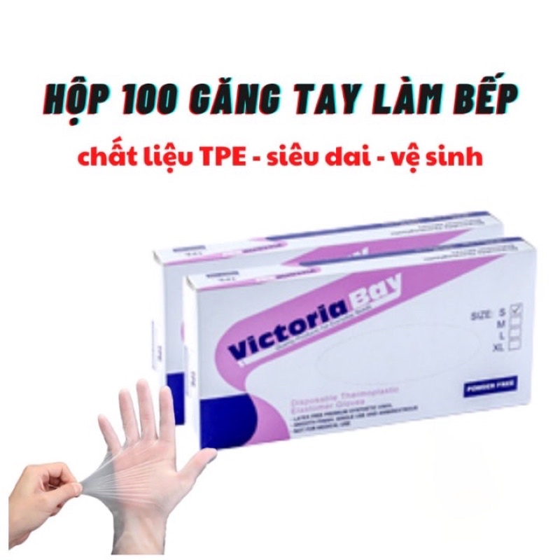 Hộp 100 găng tay rửa bát làm bếp vệ sinh VictoriaBay bao tay siêu dai chất liệu TPE không mùi