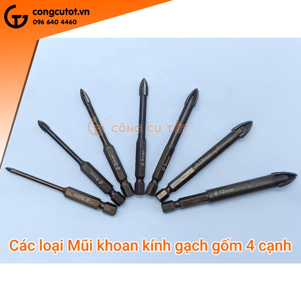 Mũi khoan kính gạch gốm mũi 4 cạnh carbide chuôi lục