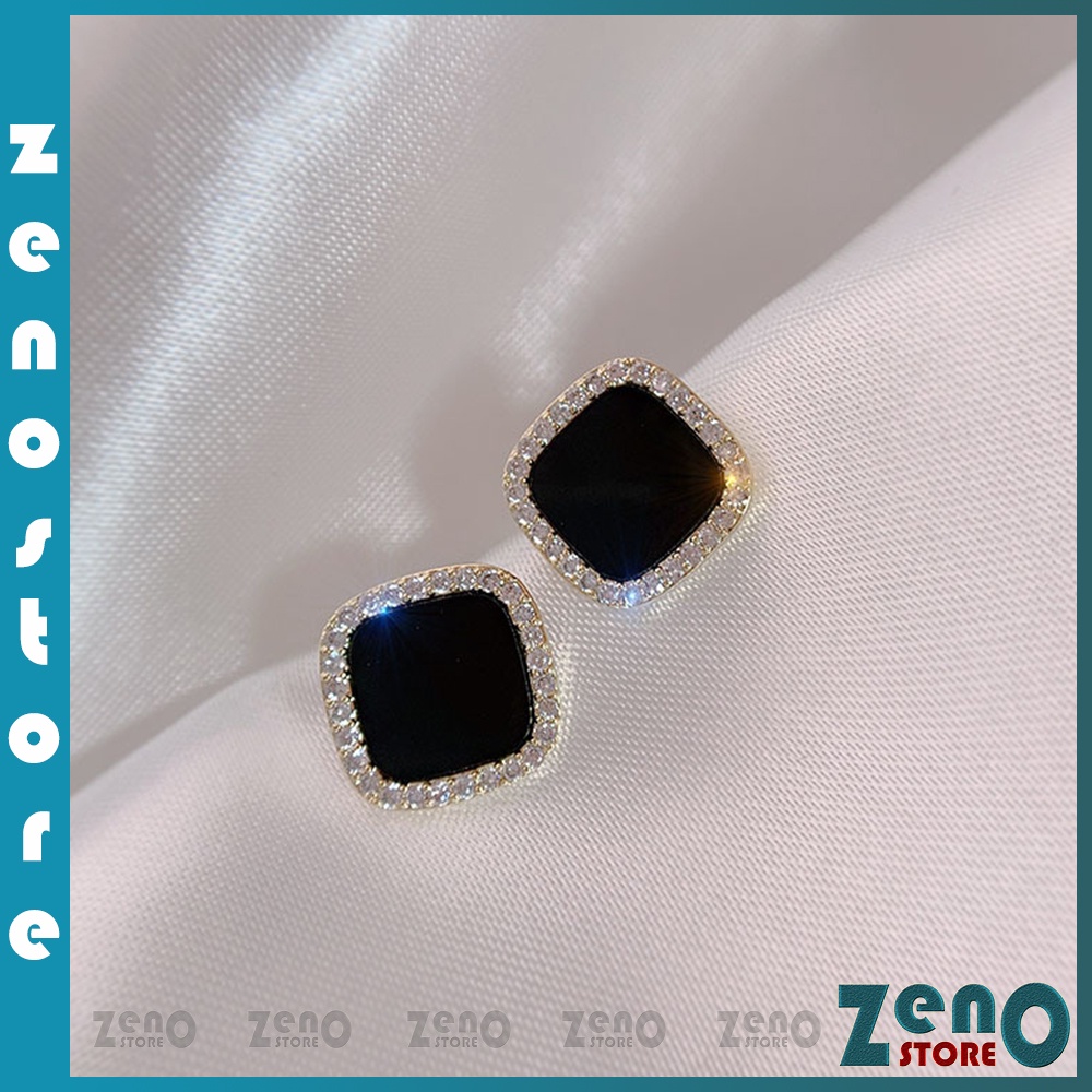 Khuyên tai ZenO đính đá viền bạc Ý KT05, bông tại bạc S925 gắn đá