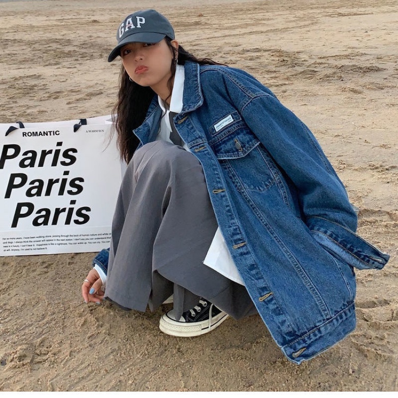 Áo khoác bằng denim dáng rộng thời trang mùa xuân theo phong cách Hồng Kông cho nữ 2023