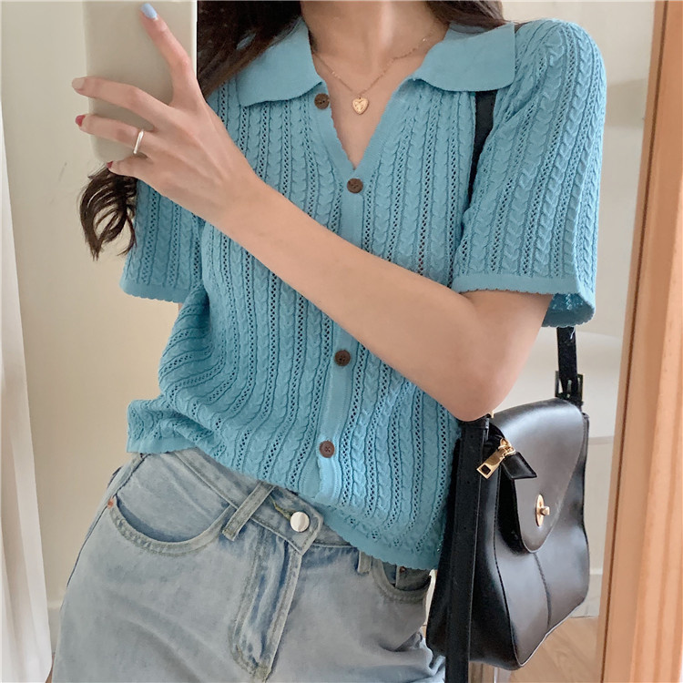 Xiaozhainv Áo cardigan Dệt Kim Tay Ngắn Phong Cách ulzzang retro Thời Trang Mùa Hè 2 Màu Tùy Chọn