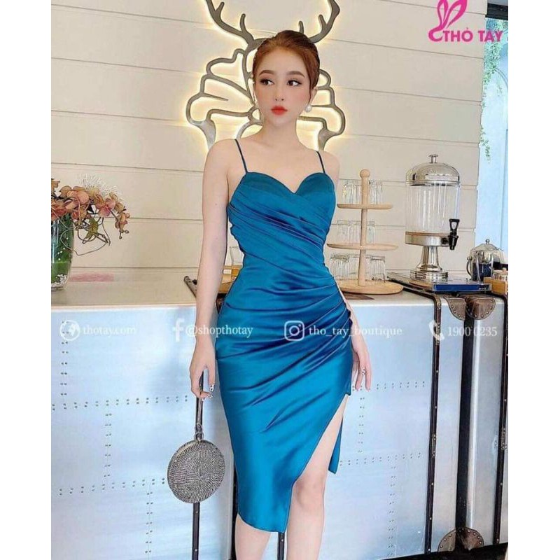 Đầm 2 dây xếp ly eo xẻ tà