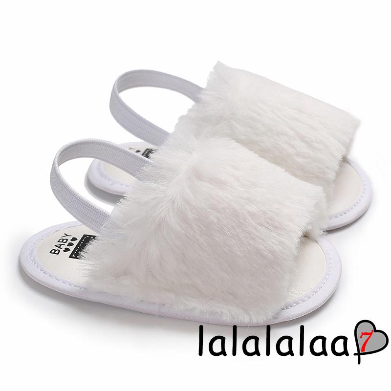 Giày sandal tập đi chống trượt quai ngang phủ lông giả xinh xắn cho bé gái 0-18 tháng