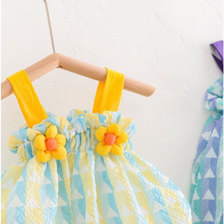Áo liền quần BCBL hai dây họa tiết kẻ sọc trang trí bông hoa có băng đô thời trang mùa hè xinh xắn cho bé gái 3-6 tuổi