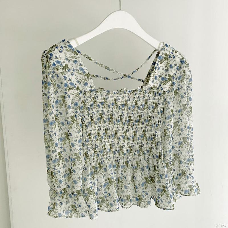 Áo Kiểu Chiffon Tay Ngắn Cổ Vuông Họa Tiết Hoa Phong Cách Cổ Điển Hàn Quốc