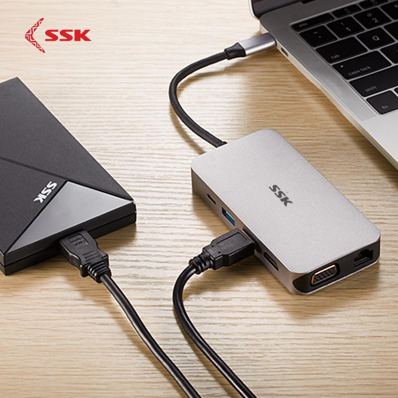 Bộ hub đa năng cổng TypeC ra USB 3.0/Thẻ nhớ/LAN SSK SHU-C520 kèm chức năng xuất HDMI/VGA
