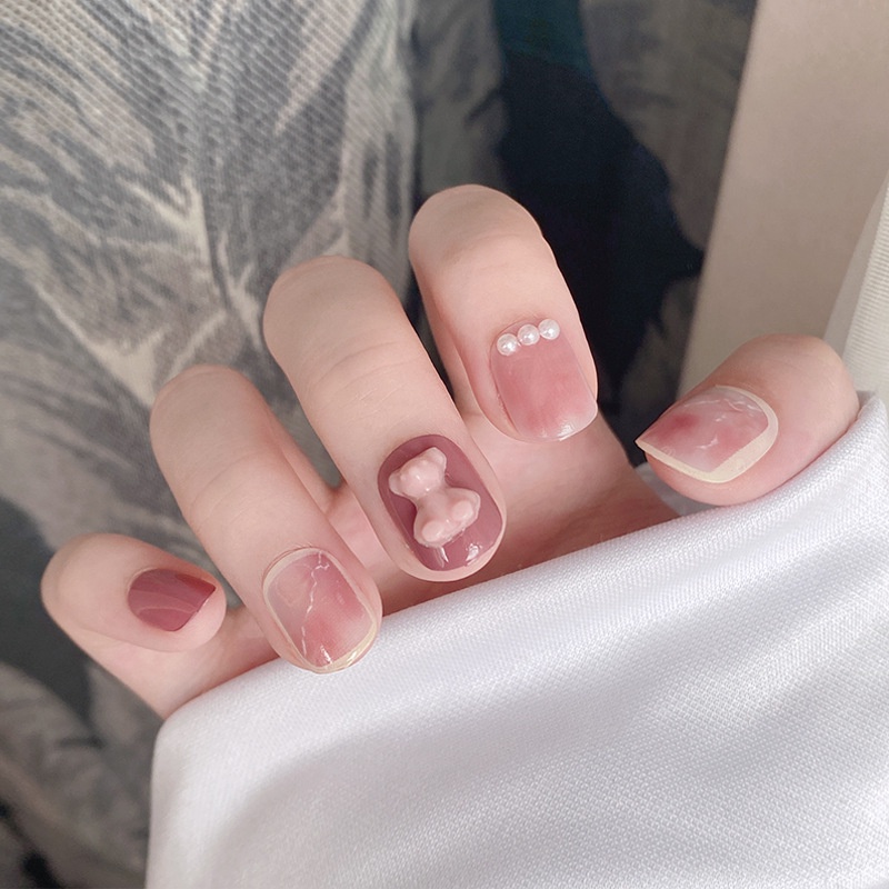 Móng tay giả thiết kế giá rẻ đẹp đính gấu màu hồng có hộp Nail box đẹp MINIGIRL MG05