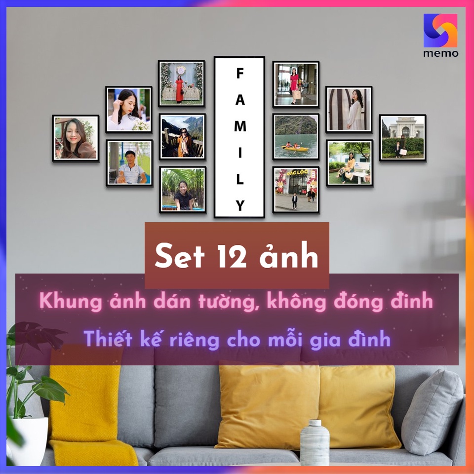 Set 12 khung ảnh dán tường + 1 khung Decor Family | In ảnh theo yêu cầu