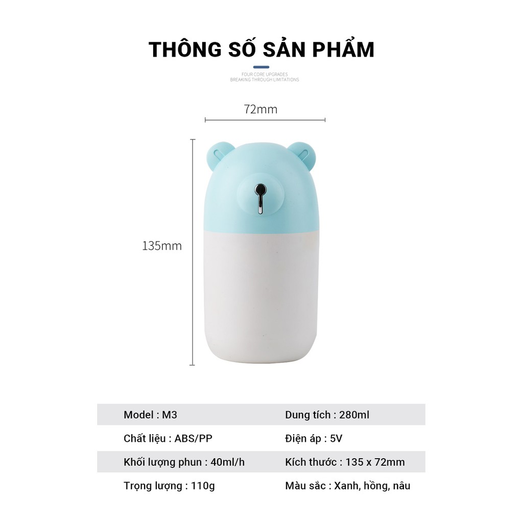 Máy tạo ẩm phun sương M3 lượng sương lớn,hạt sương nano siêu nhỏ dung tích 280ml có đèn LED