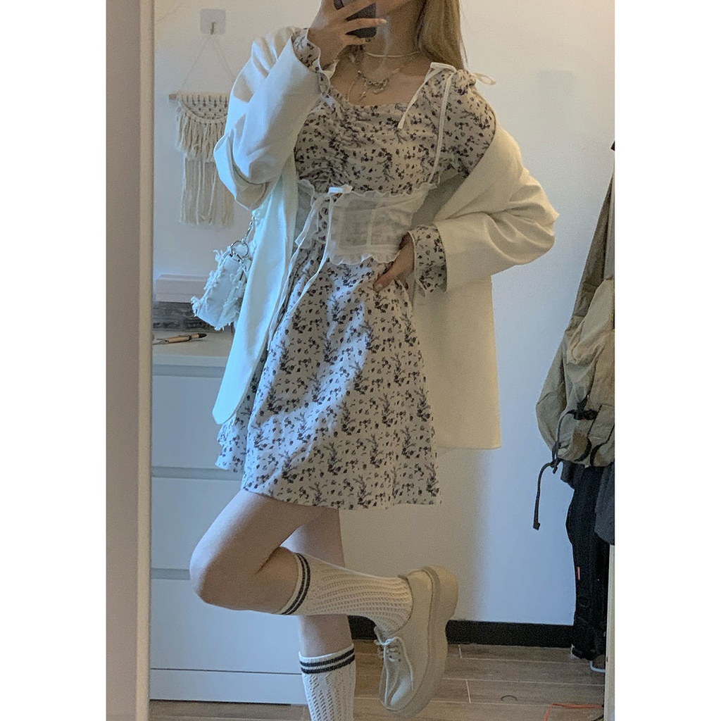 Drawstring Design Floral Long Skirt 2022 Autumn New Sen Department Thin and Sweet Waist Dress