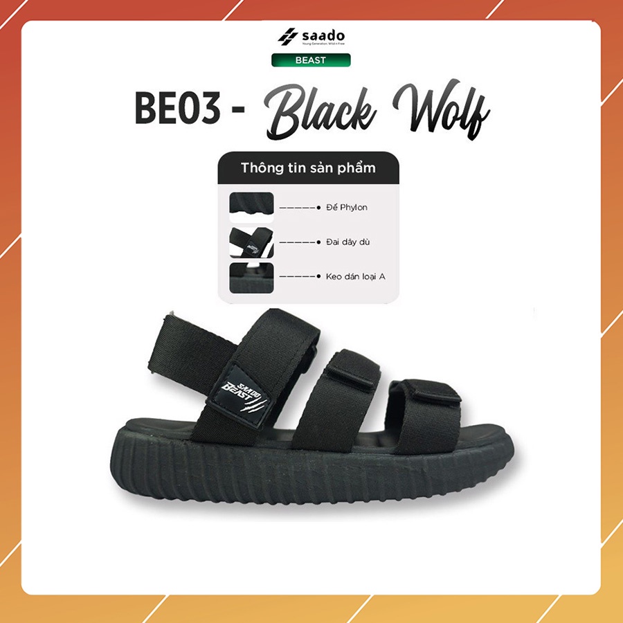 Sandal Saado chính hãng 3 quai Beast BE03 màu full đen Black Wolf nam nữ, Dép quai hậu đế yezi cao 3cm quai ngang -LH9)(