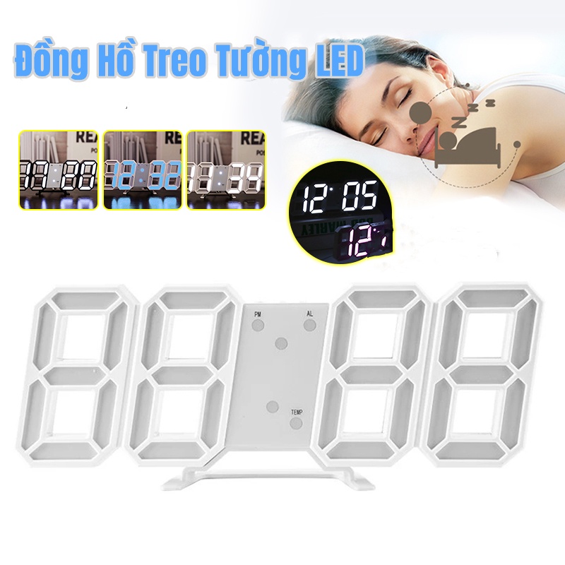 Đồng hồ led để bàn Đồng hồ LED Treo Tường 3D Đồng Hồ Led nhiều chức năng báo thức, nhiệt độ, cảm biến âm thanh