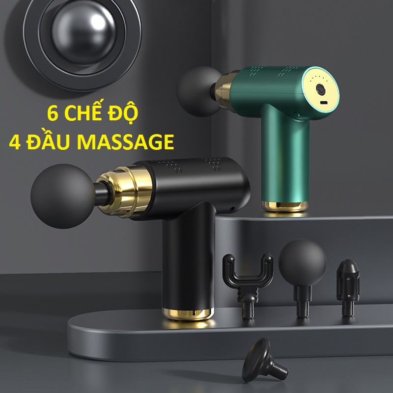 Máy Massage Cầm Tay Fascial Gun, Súng Massage 4 Đầu 6 Chế Độ Fascial Giảm Căng Cơ, Trị Nhức Mỏi Vai Gáy