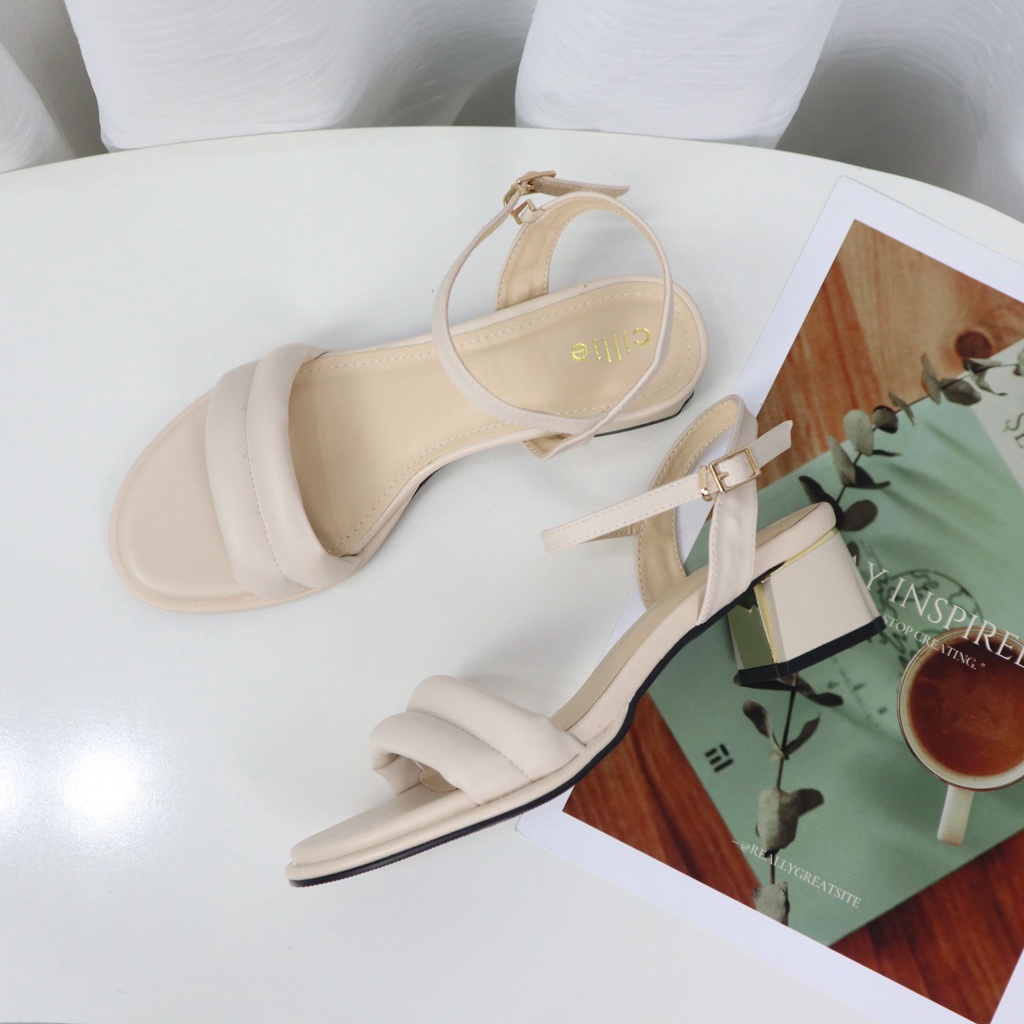 Giày sandal cao gót nữ quai phồng êm mềm gót tráng gương độc đáo cao 4cm Cillie 1106
