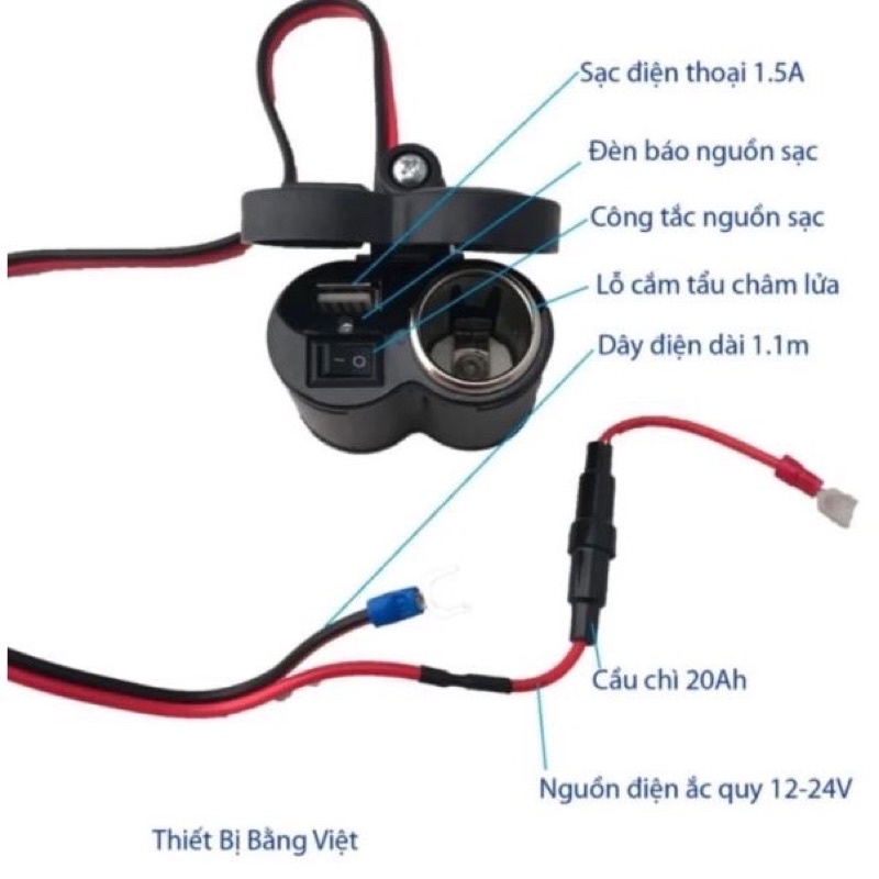 Combo 50 bộ Sạc Điện Thoại Trên Xe Máy 12v Tặng Kèm Tẩu (Đen)
