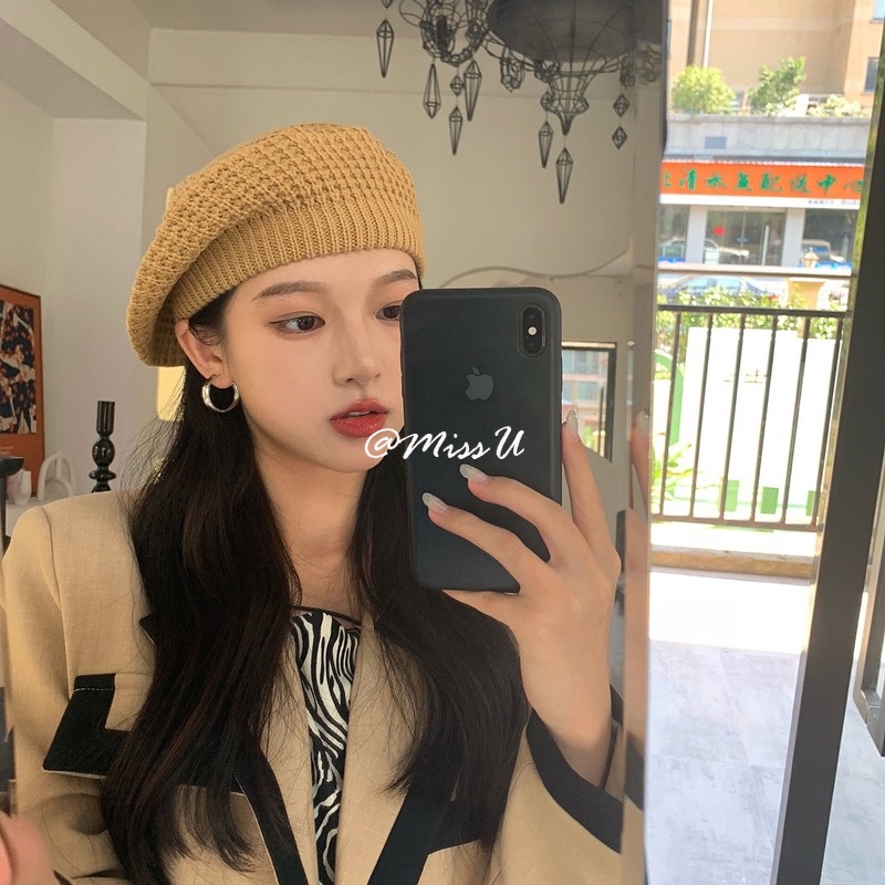 Mũ Beret dệt kim màu sắc đơn giản cho nữ