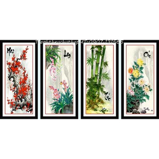 Tranh thêu chữ thập 3D tứ quý Đào Lan Cúc Trúc, bộ 4 bức 130*59cm LV3266 - tự thêu