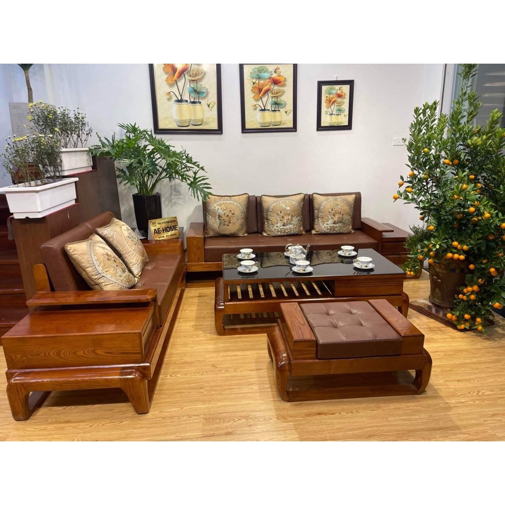 Bộ sofa gỗ Phòng khách, bộ bàn ghế gỗ sồi phòng khách  kiểu dáng chân đùi gà [Bảo hành 2 năm