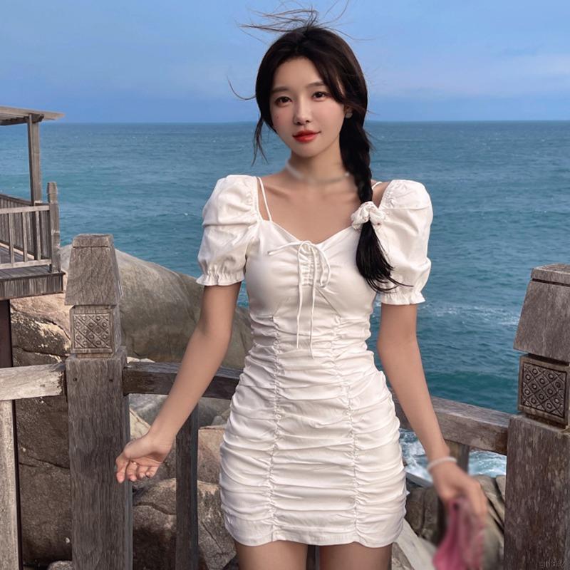 Đầm Tay Ngắn Phồng Cổ Vuông Màu Sắc Ngọt Ngào Phong Cách Hàn Quốc