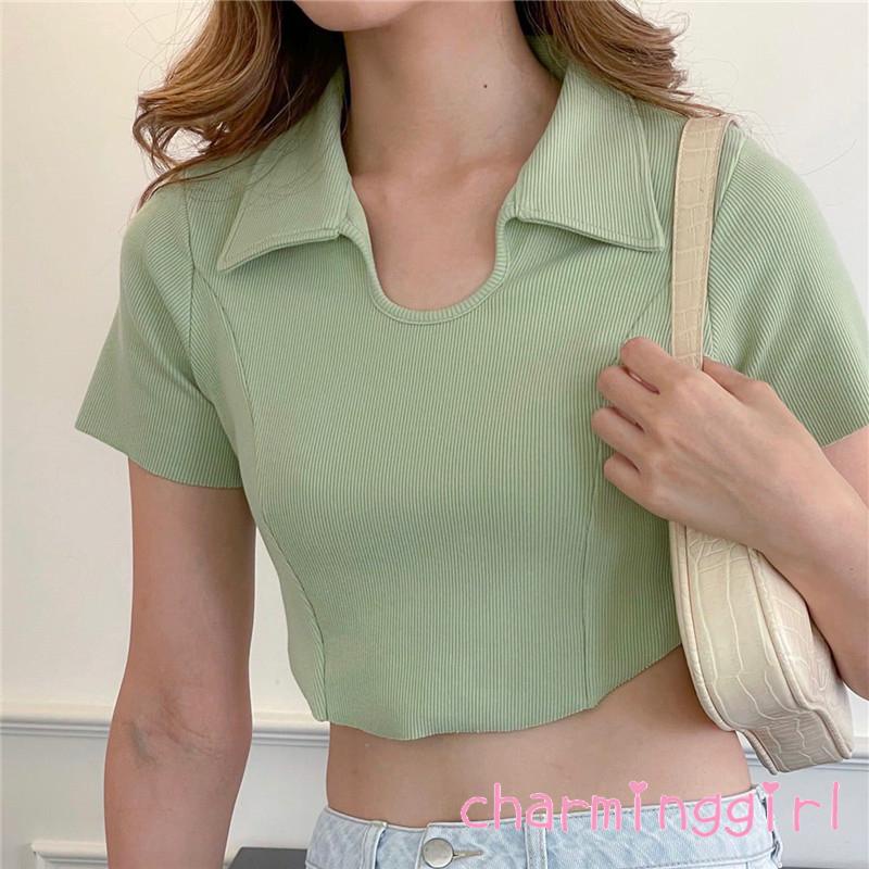 Áo Croptop Tay Ngắn Cổ Bẻ Màu Trơn Thời Trang Cho Nữ