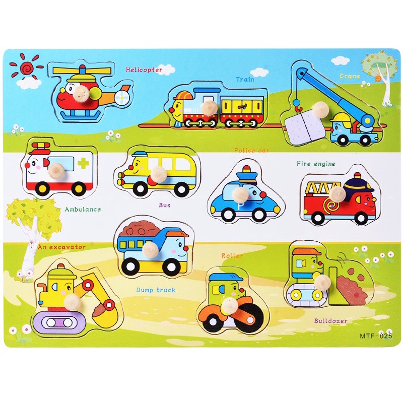 Đồ chơi bảng ghép hình núm gỗ, Bảng gỗ có núm cho bé loại 1 to đẹp chắc chắn nhiều chủ đề KT: 22×30cm