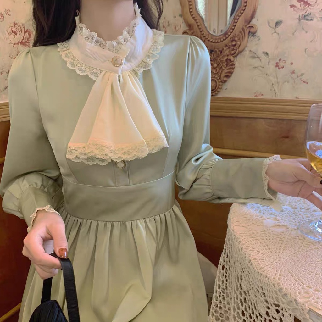 Váy xanh nữ cổ nơ 💖FREESHIP💖 Váy ren cổ nơ Vintage cúc ngọc ,hàng thiết kế tỷ mỉ ,đang Hot nhất nhé các chị em