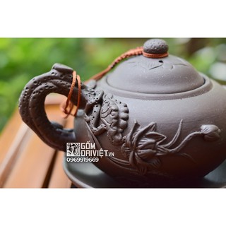 Bộ ấm trà tử sa Bát Tràng đắp nổi sen