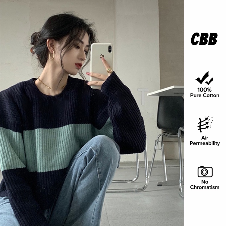 Áo Sweater Dệt Kim Tay Dài Thân Ngắn Họa Tiết Kẻ Sọc Phong Cách Hàn Quốc Cho Nữ