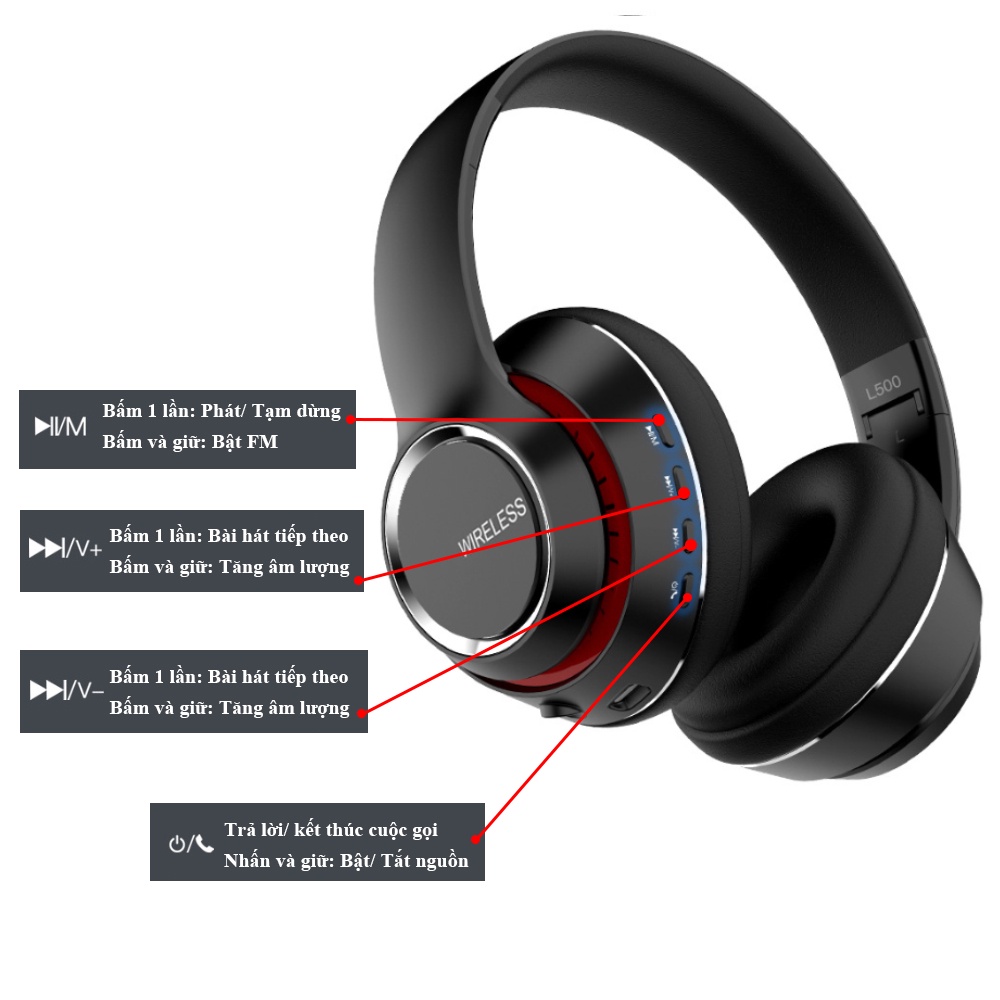 Tai Nghe Bluetooth Chụp Tai Không Dây Có Míc Đàm Thoại, Âm Thanh Vòm 3D Supper Bass L500