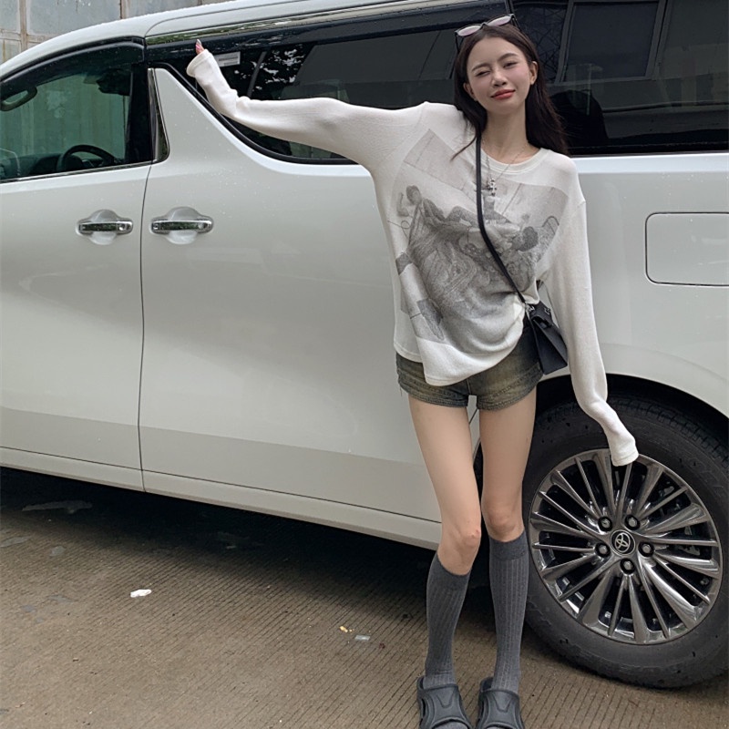 Áo Thun Dệt Kim Tay Dài Dáng Rộng In Họa Tiết Thời Trang Cho Nữ