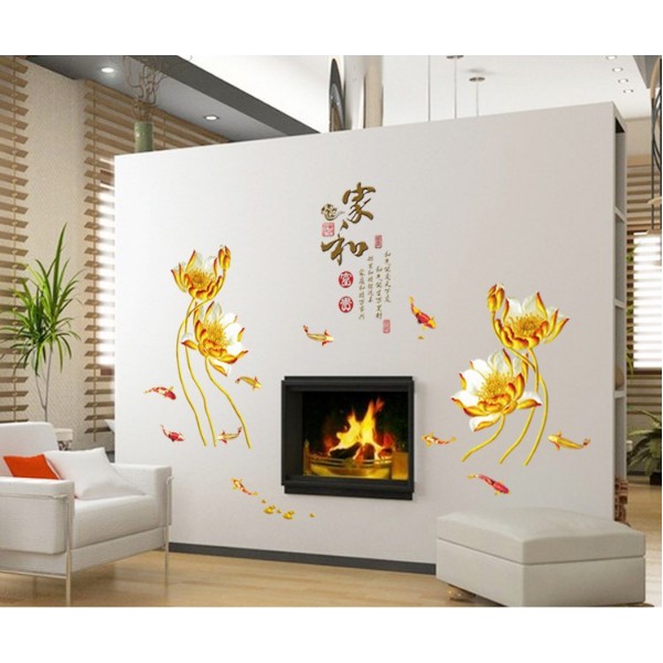 Decal trang trí tường - Hoa Sen Vàng Sáng kèm chữ