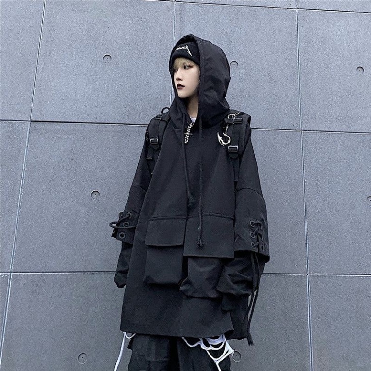Áo hoodie tay nối đan dây full đen túi hộp unisex nam nữ hip hop Châu Âu