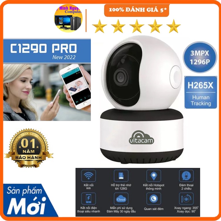 [Chính Hãng] Camera Ip WiFi Vitacam C1290 Pro - 3.0Mpx Ultra HD 1296P Chuẩn H265X