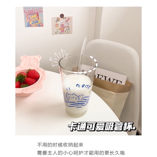 Cốc thủy tinh  500ml có nắp và ống hút, phong cách mùa hè nhật bản, E.K HOME and LIVING