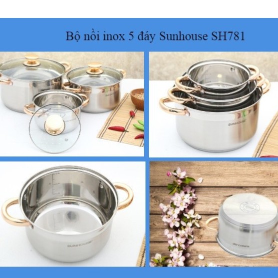 [FREESHIP 70K] Bộ nồi inox 5 đáy sunhouse SH781 dùng được bếp từ CÓ HÌNH THẬT