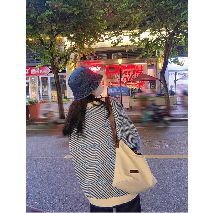 Áo sweater dệt kim cổ chữ V dáng rộng màu tím/ màu xanh da trời thời trang dành cho nữ