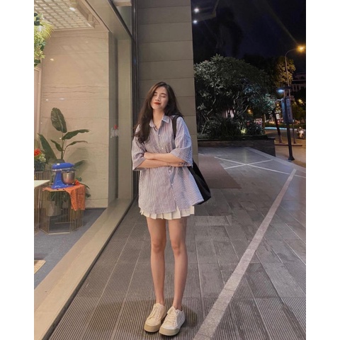 Áo Sơ Mi Tay Lỡ Kẻ Xốp Form Rộng Suông Trơn 💙 HD Clothings 💙 Phông trơn cộc tay cổ bẻ thiết kế học sinh, đường phố