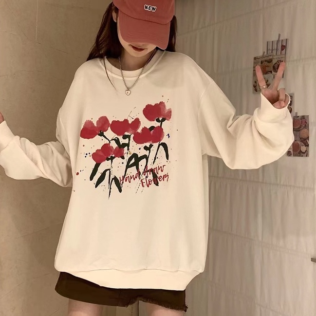 Áo len ZHELIHANGFEI cổ tròn họa tiết hoa graffiti dễ phối đồ tùy chọn màu sắc